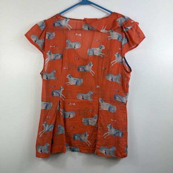 Anthropologie Meadow Rue Orange Dog Print Blouse 10P Ruffle Pleated Sheer Cotton - Picture 14 of 15